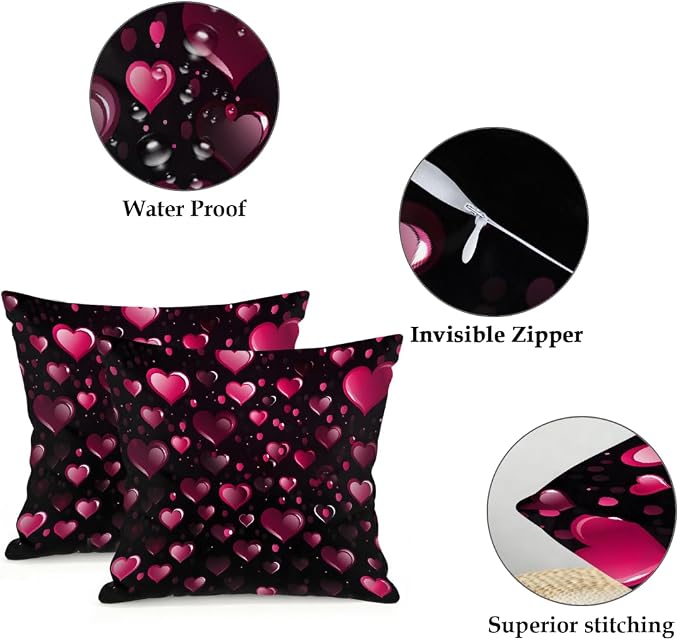 16x16 Inch Outdoor Pillow Covers Set of 2 Waterproof Throw Pillow Covers Decorative Couch Cushion Covers Red Hearts Love Square Pillowcases Protectors for Patio Garden Sofa