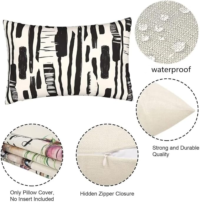 Outdoor Pillows Black And White Pillow Covers 12x20 Set of 2 Throw Pillow Covers, Geometric Throw Pillows Rectangular Lumbar Pillows Cushion Covers Decorative Pillows for Garden Patio Furniture J460