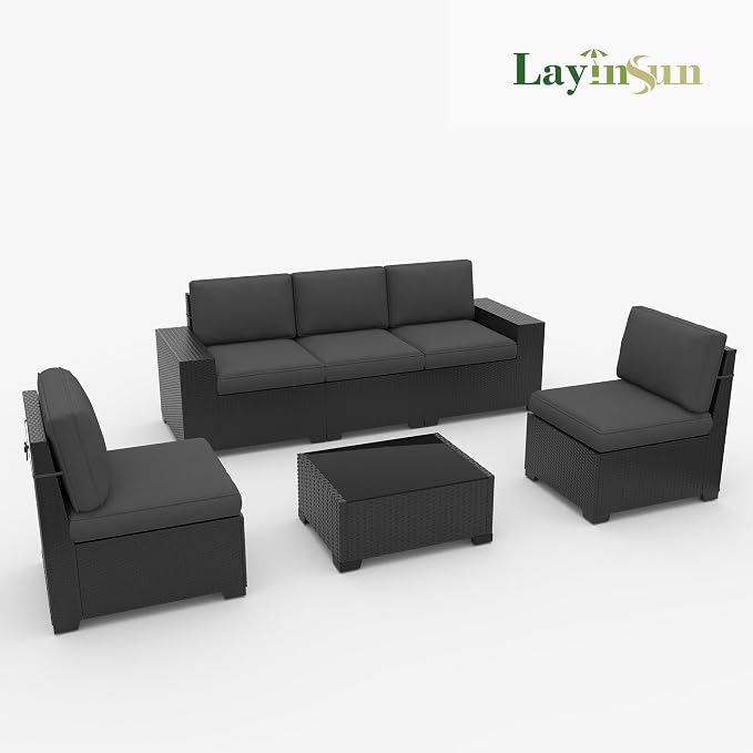 LayinSun 6 Pieces Patio Furniture Set, Black Rattan Modular Sectional Outdoor Conversation Sofa Set