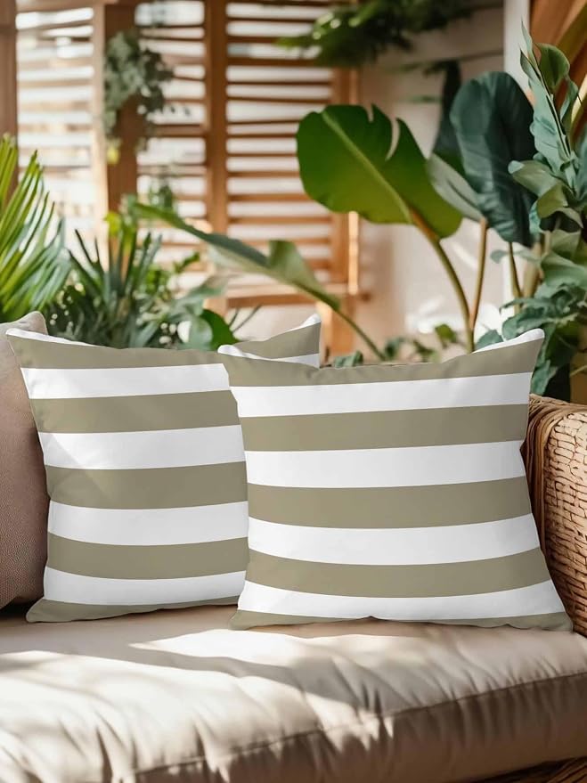 Waterproof Outdoor Pillow Set of 2 Brown White Stripe Decorative Throw Pillows Cover & Insert 16x16 Inch Pillowcase Simple Style Striped Pillows for Couch Sofa Bed Patio Furniture Indoor Outdoor