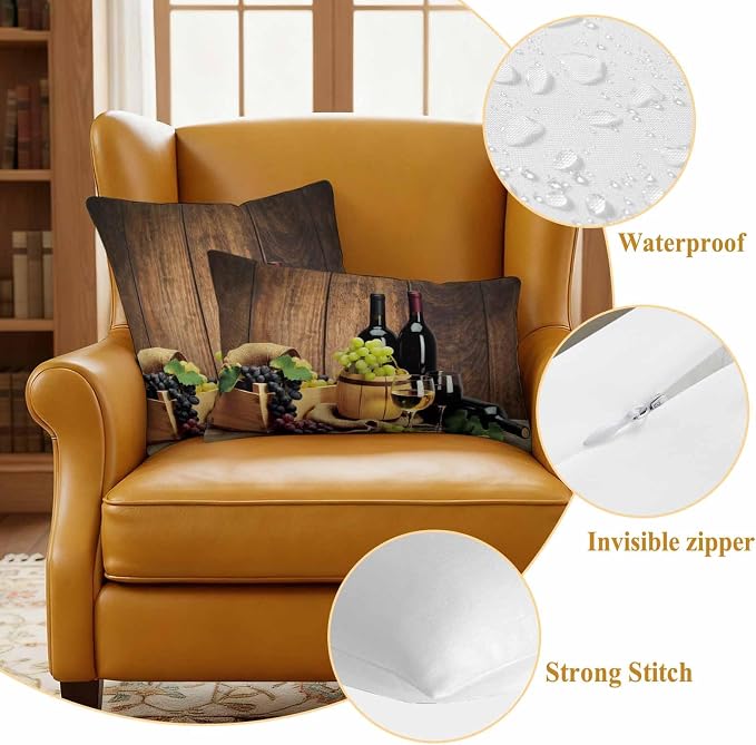 Outdoor Pillow Covers 16 x 16 Inches, Red Wines Waterproof Throw Pillow Cover Set of 2, Champagne Grapes Galsses Country Wooden Plank Decorative Square Cushion Covers for Patio/Couch/Garden