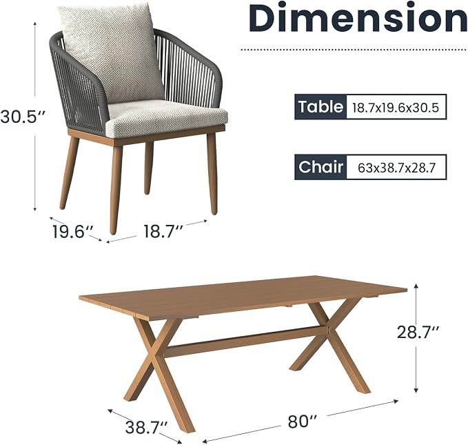 5-Piece Patio Dining Table Sets, Woven Wicker Dining Set with Rectangular Aluminum Table and Dining Chairs Modern Outdoor Dining Furniture Set for Outdoors and Indoors