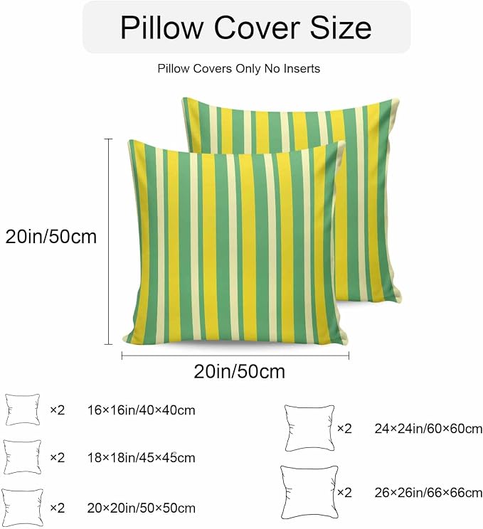Lemon Green Yellow Outdoor Pillow Covers 20x20 Inch Throw Pillow Covers Set of 2 Waterproof Decorative Pillow Cases Summer Modern Farmhouse Striped Cushion Covers for Patio Furniture Garden Couch Sofa