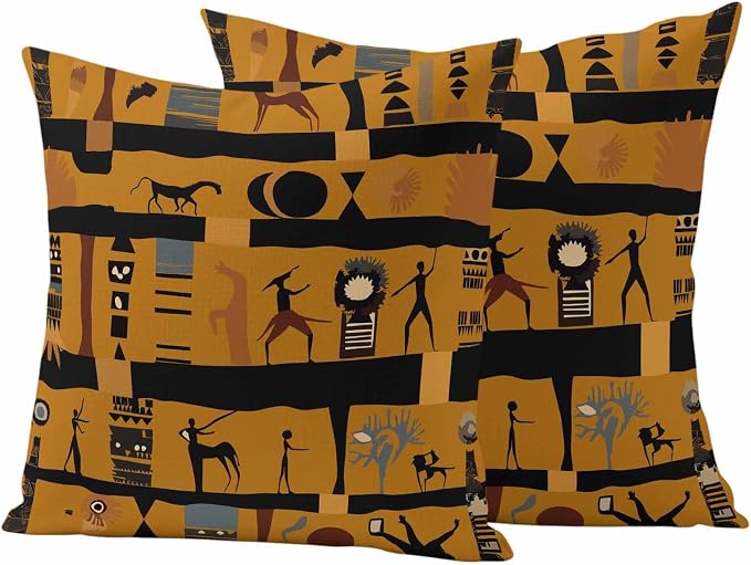 Outdoor Pillow Covers Waterproof, African Ethnic Decorative Square Throw Pillowcases Patio Cushion Covers for Tent/Garden, 26" x 26" 2 Pack, Vintage Ethnic Tribes Richness Brown