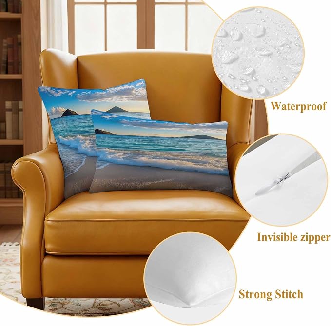 Ocean Waterproof Outdoor Pillow Covers Set of 2 Home Decor, Blue Sky Mountain Sandy Beach Sea Scenery Pillowcase Patio Pillow Covers for Couch Bench Furniture Garden 16x16in