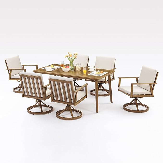 7 Pieces Patio Dining Set with 6 Swivel Chairs, Never-Rust Aluminum Outdoor Dining Set, Patio Swivel Dining Set with Thick Cushions, Outdoor Furniture Set for Deck, Garden, Yard, Teak