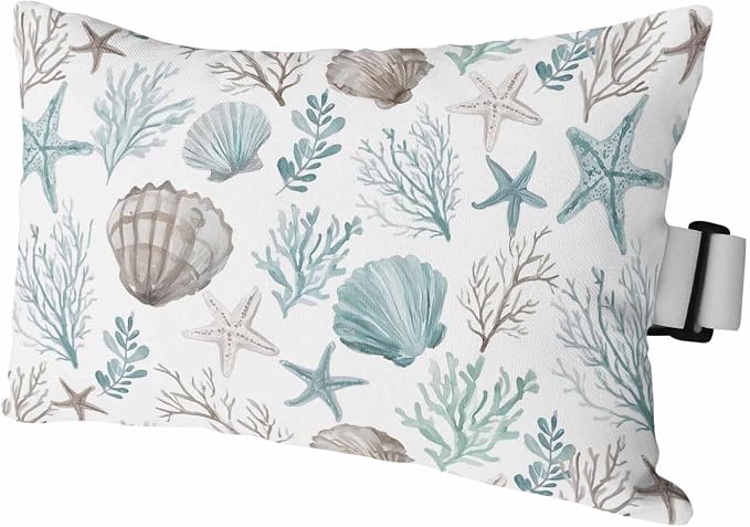 Teal Coastal Outdoor Pillows with Insert 11x16 Inch Summer Starfish Shell Coral Nautical Waterproof Headrest Pillows with Adjustable Strap Lounger Chair Throw for Patio Furnitures, 1 Pack