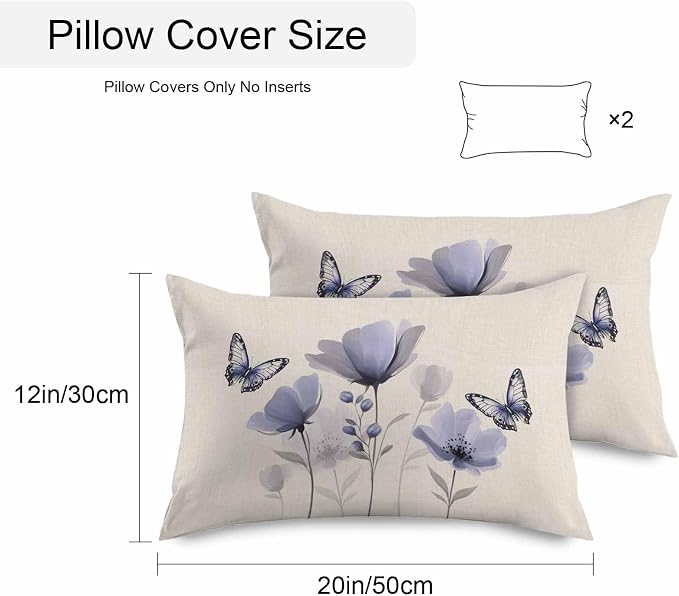 Purple Flowers Waterproof Outdoor Pillow Covers Set of 2 Home Decor, Spring Farmhouse Retro Tulip Butterfly Pillowcase Patio Pillow Covers for Couch Bench Furniture Garden 20x12in