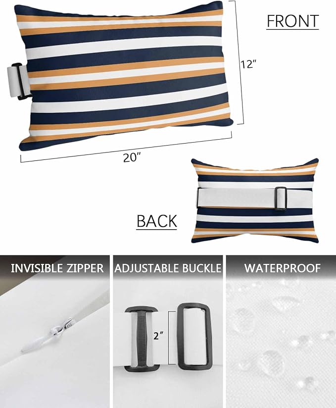 Stripes Outdoor Pillows for Chaise Lounge Chair Set of 2 Orange Navy Blue Stripe Modern Abstract Minimalist Waterproof Lumbar Patio Pillows with Insert & Adjustable Elastic Strap for Recliner Beach