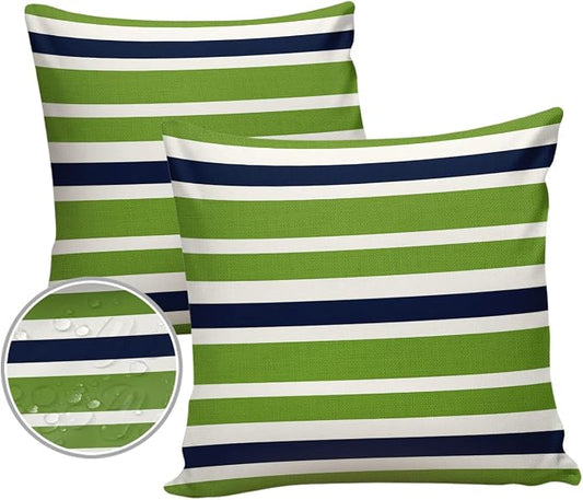 Outdoor Waterproof Pillow Covers for Patio Furniture Navy Blue Green Stripes Decorative Throw Pillow Cover Lime Green Stripes Pillowcases Set of 2 Cushion Case for Sofa Couch Chair 20 x 20 Inches