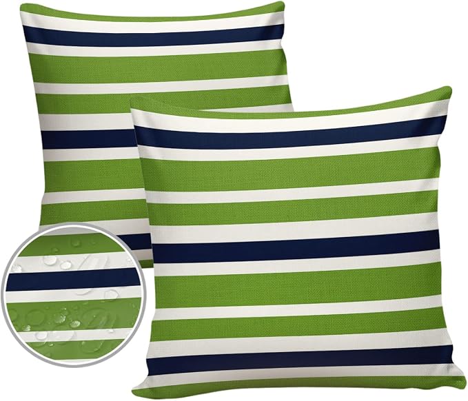 Outdoor Waterproof Pillow Covers for Patio Furniture Navy Blue Green Stripes Decorative Throw Pillow Cover Lime Green Stripes Pillowcases Set of 2 Cushion Case for Sofa Couch Chair 26 x 26 Inches