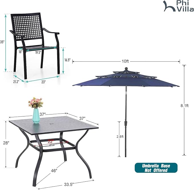 PHI VILLA Outdoor Table Chairs Set w/Umbrella, 5pc Patio Metal Furniture | 37" wrought iron square table & stackable chairs for 4. 10ft blue umbrella. Dining set for deck, porch, backyard.
