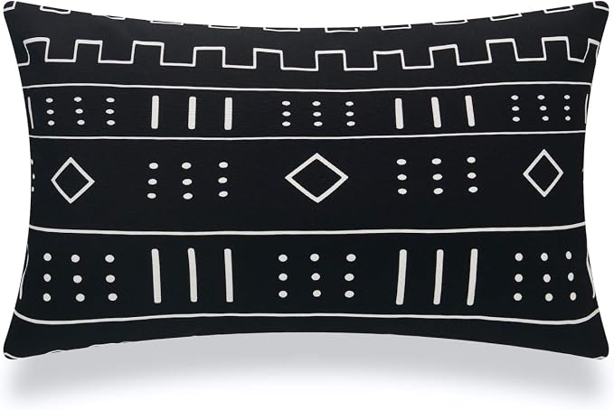 Hofdeco Mudcloth Inspired Patio Indoor Outdoor Lumbar Pillow Cover ONLY for Backyard, Couch, Sofa, Black Lines Dashes, 12"x20"