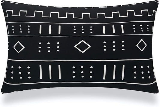 Hofdeco Mudcloth Inspired Patio Indoor Outdoor Lumbar Pillow Cover ONLY for Backyard, Couch, Sofa, Black Lines Dashes, 12"x20"