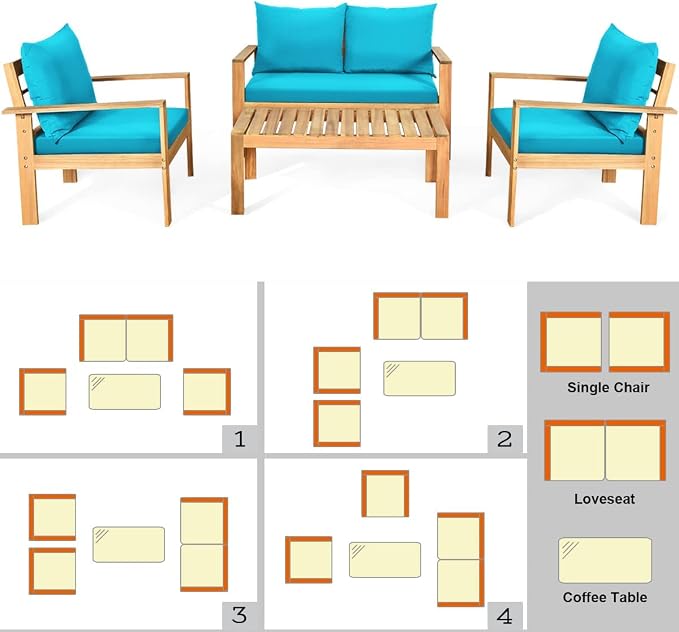 Tangkula Outdoor 4-Piece Acacia Wood Chat Set, 4 Seater Acacia Wood Conversation Sofa and Table Set with Water Resistant Cushions, Teak Finished (1, Turquoise)
