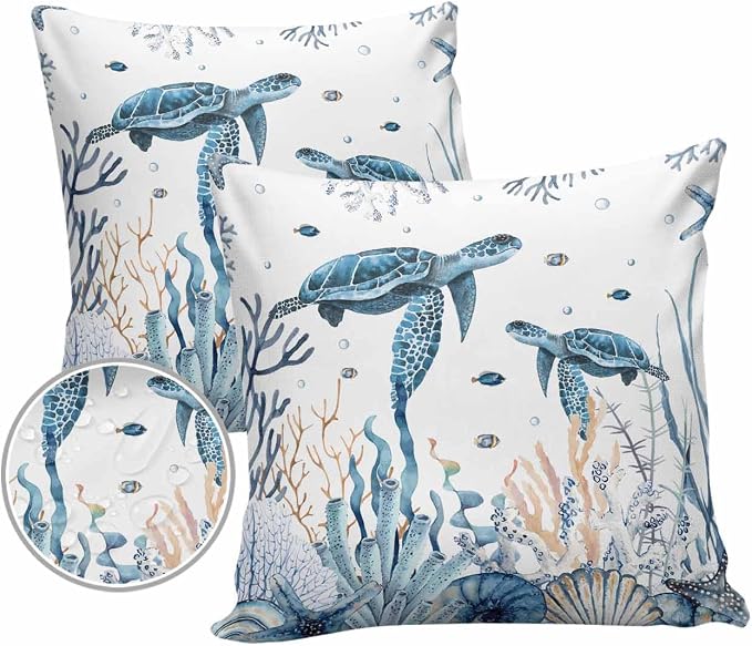 Outdoor Pillow Covers 24 x 24 in, Blue Sea Turtle Waterproof Throw Pillow Cover Set of 2, Ocean Beach Coral Nautical Coastal Shell Home Decorative Square Cushion Covers for Patio/Couch/Garden