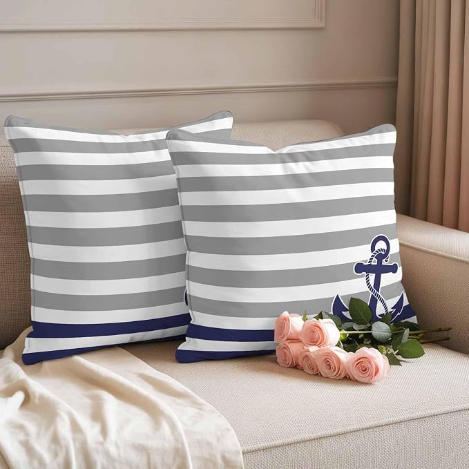 Throw Pillow Covers 20x20 Inch Set of 2, Anchor Gray Waterproof Outdoor Cushion Covers, Modern Navy Blue White Striped Nautical Decorative Pillowcases for Couch, Sofa, Bed, Garden, Patio