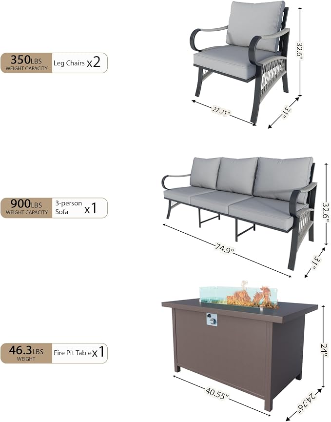 4 Pieces Patio Conversation Sets, All Weather Metal Outdoor Furniture Set 3-Seater 2 Single Chairs with Fire Pit Table for Backyard Garden Deck Porch Poolside, Gray