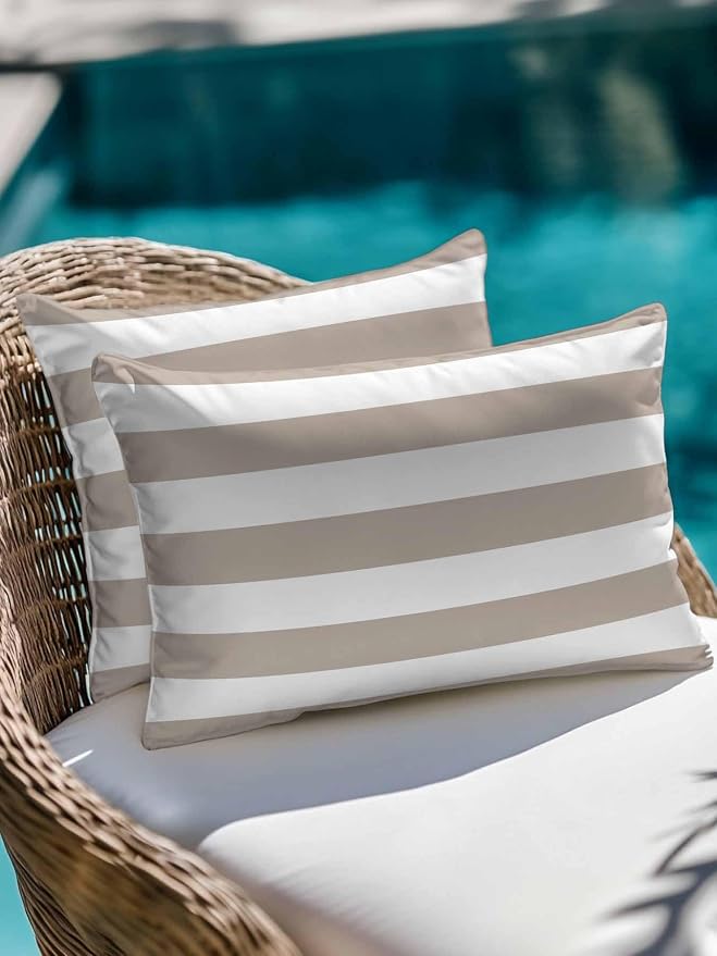 Waterproof Outdoor Pillow 1 Pack Khaki White Stripe Decorative Throw Pillows Cover & Insert 20x12 Inch Lumbar Pillowcase Simple Style Striped Pillows for Couch Sofa Bed Patio Furniture Indoor Outdoor