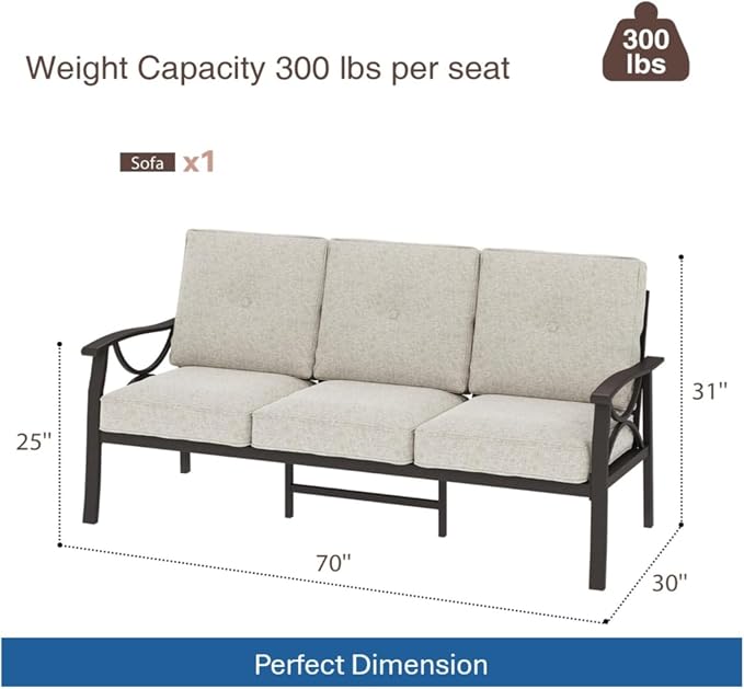 Hassyee 2 Pieces All-Weather Metal Outdoor Conversation Set with Coffee Table and Removable Cushions for Balcony, Patio Furniture Set with Modern Curved Design for Backyard, Lawn (3-seat Sofa)