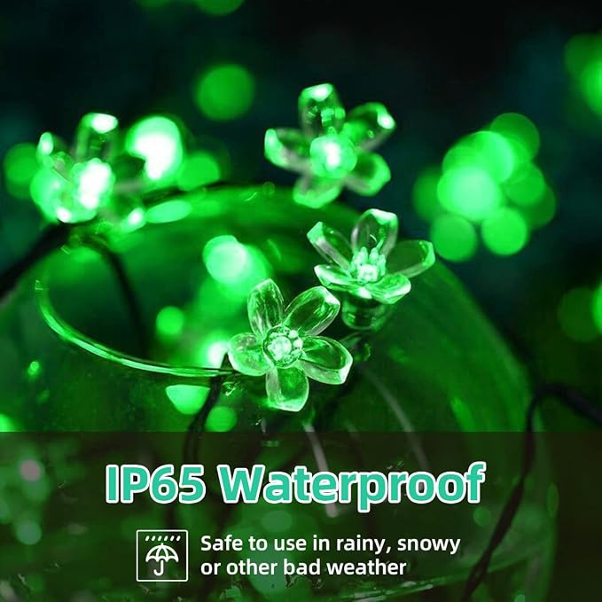 ITICdecor Solar Flower String Lights - Green Outdoor Waterproof 50 LED St. Patrick's Day Fairy Lights for Garden, Patio, Fence, Yard (Green)