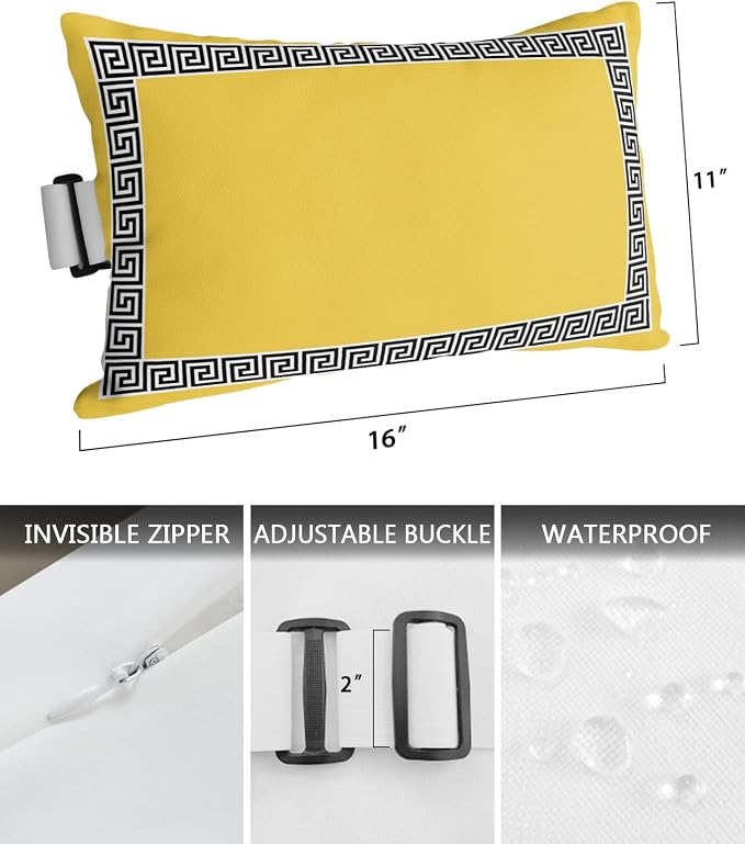 Outdoor Pillows Covers with Inserts Yellow Traditional Greek Key Meander Square Geometric Waterproof Pillow with Adjustable Strap Throw Pillows for Patio Furniture Lounge Chair, 11x16 Inch, 1PCS