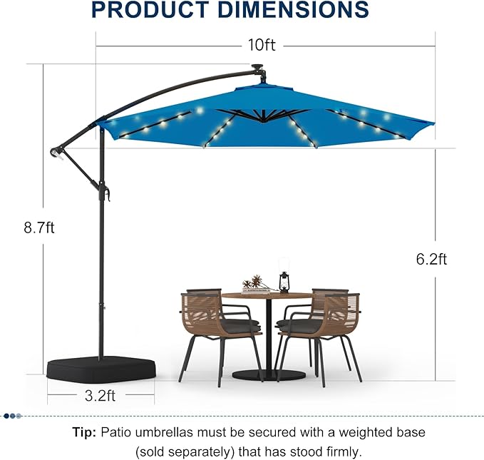 EROMMY 10FT 40-LED Solar Lighted Patio Umbrella with Base Included, Outdoor Offset Cantilever Umbrella, Infinite Tilt, Crank and Cross Base, UV Protection for Backyard, Lawn, Garden & Pool