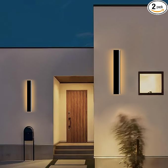 2 Pack 24in Long Outdoor Modern Wall Light,2700K-6500K /3CCT Dimmable Black LED Exterior Light Fixtures Wall Mount, Long LED Linear Wall Lamp Outside Lighting for Garage, Front Door