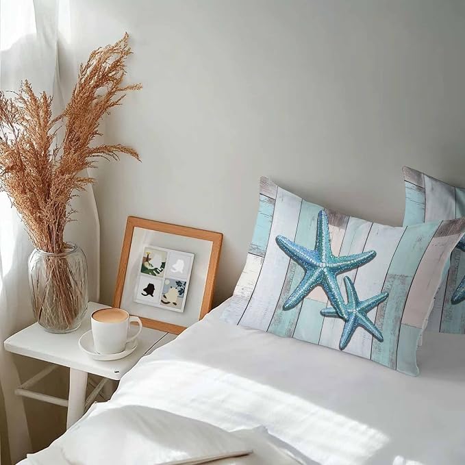 Teal Blue Starfish Waterproof Outdoor Pillow Covers Set of 2 Home Decor, Summer Beach Coastal Retro Wooden Pillowcase Patio Pillow Covers for Couch Bench Furniture Garden 20x12in