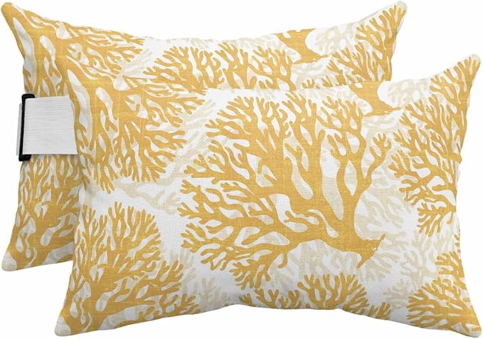 Outdoor Lumbar Pillow Set of 2, Yellow Coral Waterproof Beach Headrest Pillow with Inserts, Coastal Summer Ocean Nautical Sea Recliner Throw Pillows for Patio Furniture, 11 x 16