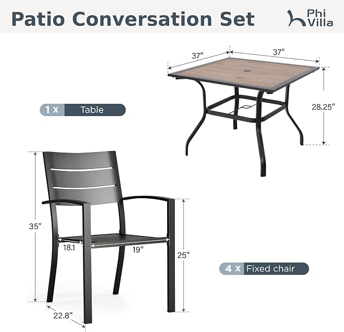 PHI VILLA Patio Dining Set for 4, Stackable Chairs& Square Metal Table | 37" Black Table&Stackable Wrought Iron Chairs,Outside Furniture Set for Deck, Porch, Backyard