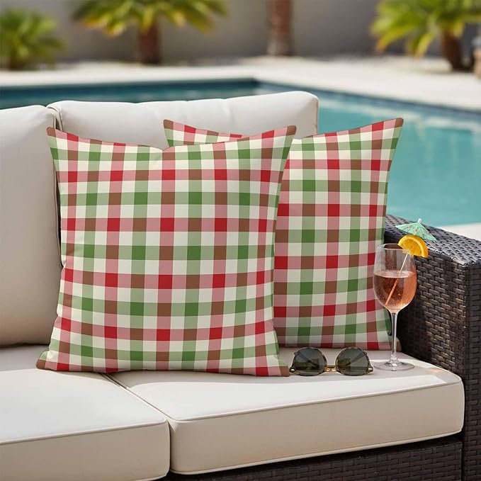 Outdoor Throw Pillow Covers,Vintage Pastoral Red Green Buffalo Gingham Waterproof Decorative Pillowcases Cushion Cover Christmas Plaid Pillow Cases for Patio Couch Sofa Bed,16x16in Set of 2