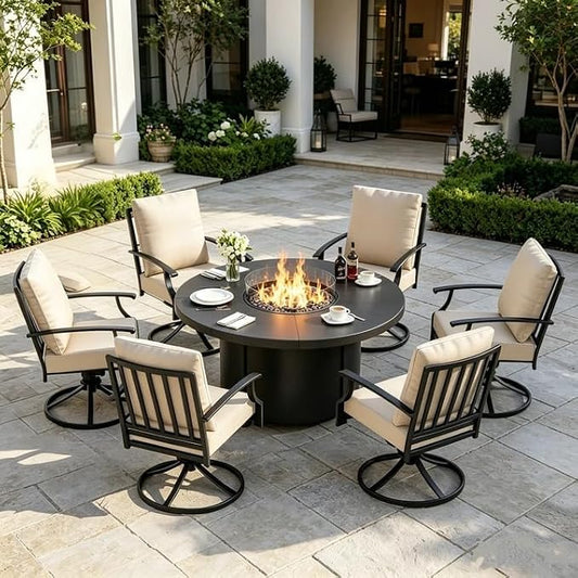 ALAULM 7-Piece Outdoor Dining Set for 6 Metal Outdoor Patio Furniture with 6 Swivel Chairs & 40000 BTU Round Fire Pit Table for Patio, Backyard, Garden-Sand