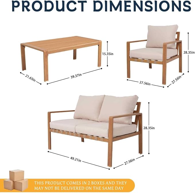 4-Piece Outdoor Patio Furniture Set, All-Aluminum Frame with Wood Grain Finish, Cushioned Loveseat, 2 Armchairs & Plastic Wood Coffee Table, Modern Patio Seating for Backyard & Balcony