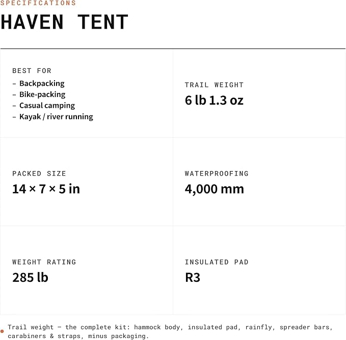 Haven Tents Lay Flat Hammock Tent - Waterproof Camping Hammock with Mosquito Net, Insulated Pad and Rainfly - Haven Tent, Haven XL, Haven Safari