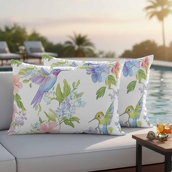 Spring Hummingbird Outdoor Waterproof Throw Pillow Covers Set of 2, 20"x12", Colorful Birds Floral Decorative Pillow Covers Outside Cushion Case for Patio Porch Garden