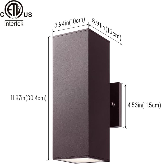 mirrea 12" Modern Outdoor Porch Light, 2 Lights, Oil Rubbed Bronze, 2 Pack | Patio wall sconce, aluminum rectangular tube, tempered glass, waterproof. Up & down lighting for outdoor wall mount fixture.