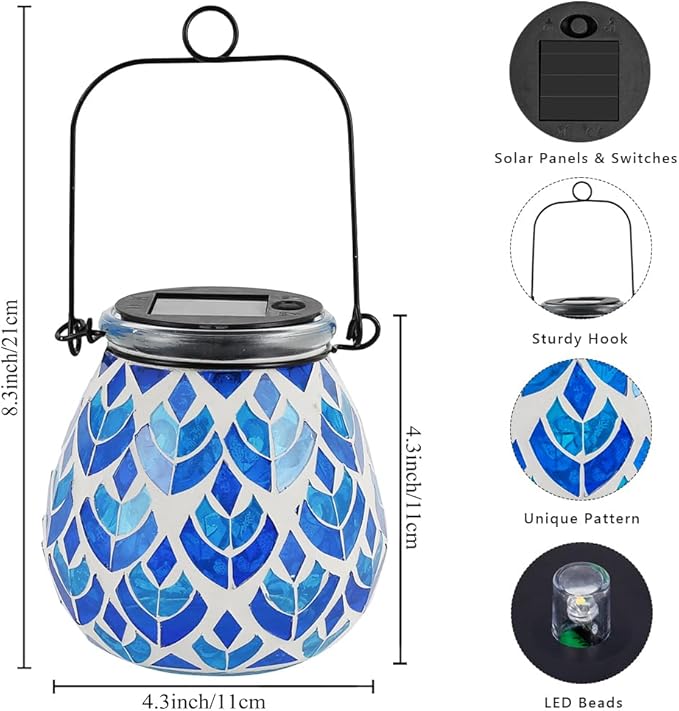 Stargarden 4 Pack Mosaic Solar Lanterns, Blue Glass Hanging Lantern Waterproof Outdoor Hanging Solar Lights Table Lamp for Garden ,Patio,Yard Decor