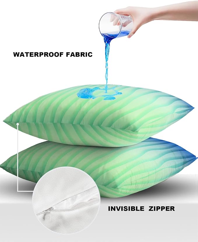 Outdoor Waterproof Pillow Covers Set of 2, Simple Abstract Geometric Blue Green Gradient Lines Patio Throw Pillow Covers, Decorative Cushion Case for Couch Sofa Furniture Garden, 16x16 Inch