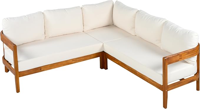 VilroCaz Outdoor Patio Furniture Set, L-Shaped Acacia Wood Sectional Sofa with 6 Soft Seat Cushions and Backpack, All-Weather Conversation Set with Arc Frame for Garden Backyard Porch (White-3.19)
