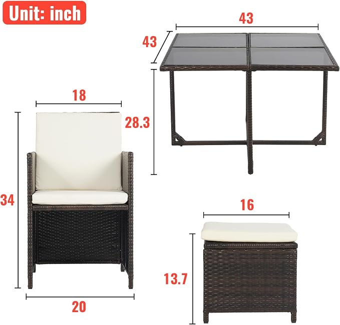 Patio Table and Chairs Set Outdoor Patio Furniture Set Patio Dining Sets 9 Pieces Space Saving Outdoor Dining Set with 4 Chairs 4 Ottomans Glass Table for Outdoor Backyard Porch Poolside Balcony,Khaki