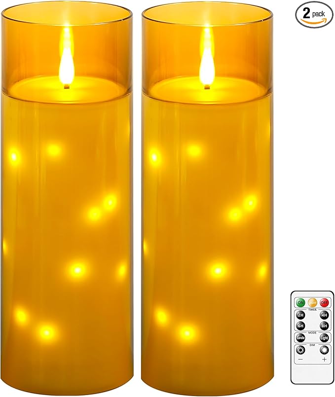 kakoya 11" x 4" Large Outdoor Waterproof Flameless LED Candles with Remote and Timer,Acrylic Pillar Candles Battery Operated with Embedded Star String for Porch,Patio,Outdoor Decor,Set of 2(Gold)