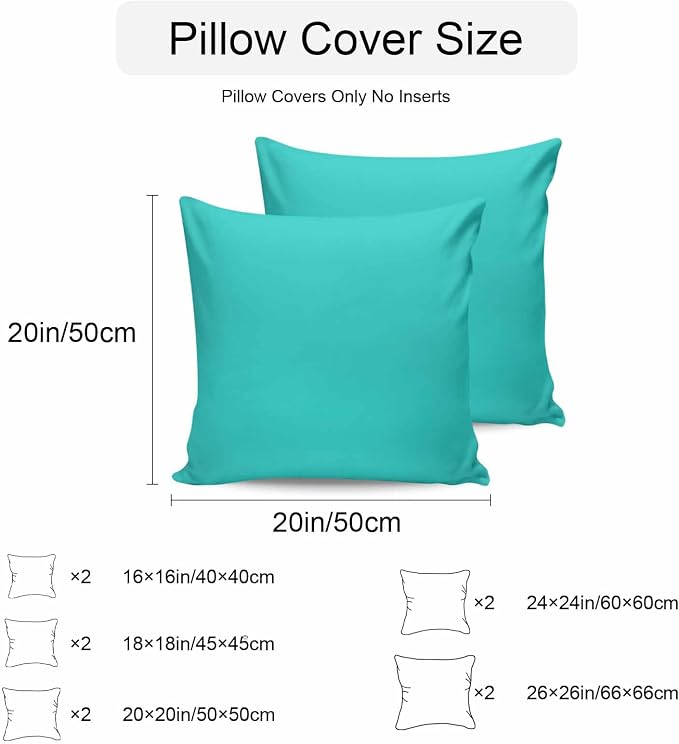 Throw Pillow Covers 20x20 Inch Set of 2, Turquoise Waterproof Outdoor Cushion Covers, Modern Pure Turquoise Decorative Pillowcases for Couch, Sofa, Bed, Garden, Patio