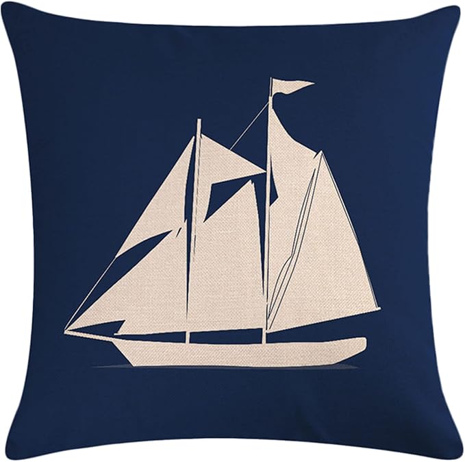 7COLORROOM 4Pack Nautical Decor Pillow Cover Navy Blue Coastal Sailing Compass Anchor/Sailboat/Navigation Cushion Cover Coastal Beach House Decor Pillowcases 18”x18” for Sofa Couch Patio