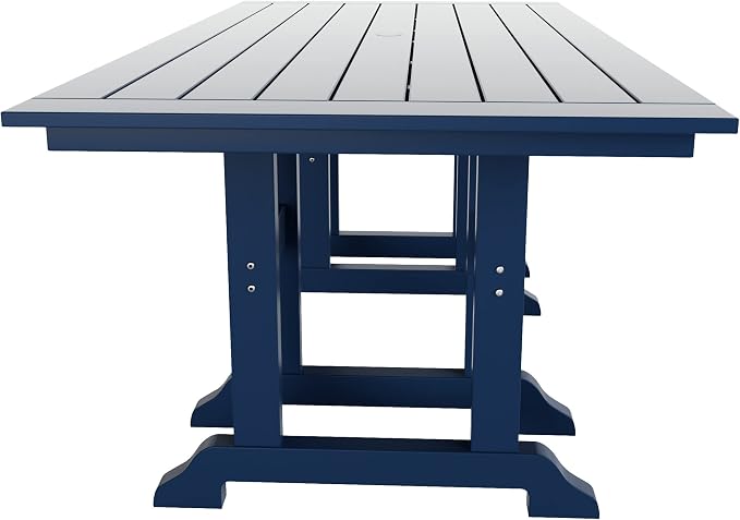 WestinTrends Malibu 7 Piece Adirondack Outdoor Dining Set, All Weather Poly Lumber Patio Table and Chairs Furniture Set, 71" Trestle Dining Table and 6 Adirondack Dining Chair, Navy Blue