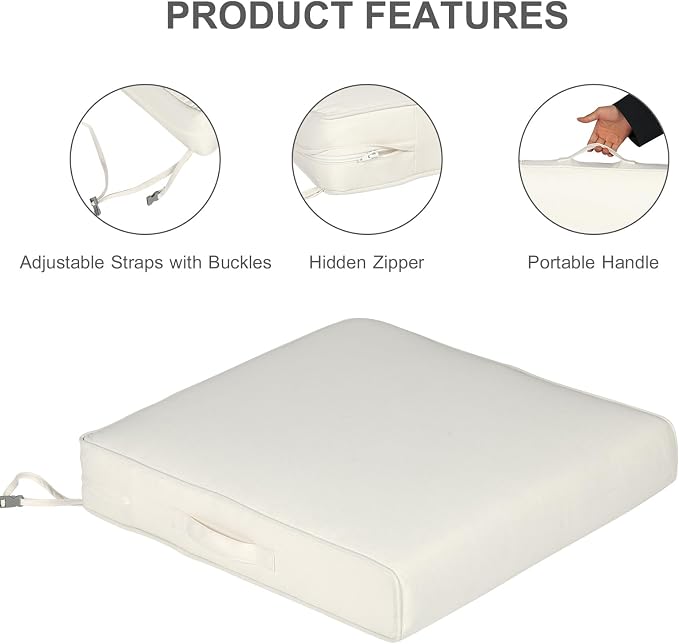 Aoodor Patio Chair Cushions Set of 4, 24 x 24 x 4 Inch Water Resistant Outdoor Seat Cushions with Handle and Ties, Square Corner Cushions for Patio Furniture Garden Lawn, Ivory