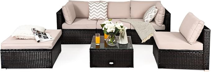 COSTWAY 6-Piece Outdoor Patio Furniture Set, Rattan Sectional Sofa Set with Tempered Glass Coffee Table, Cushions and Ottoman for Garden, Deck, Backyard (Beige)