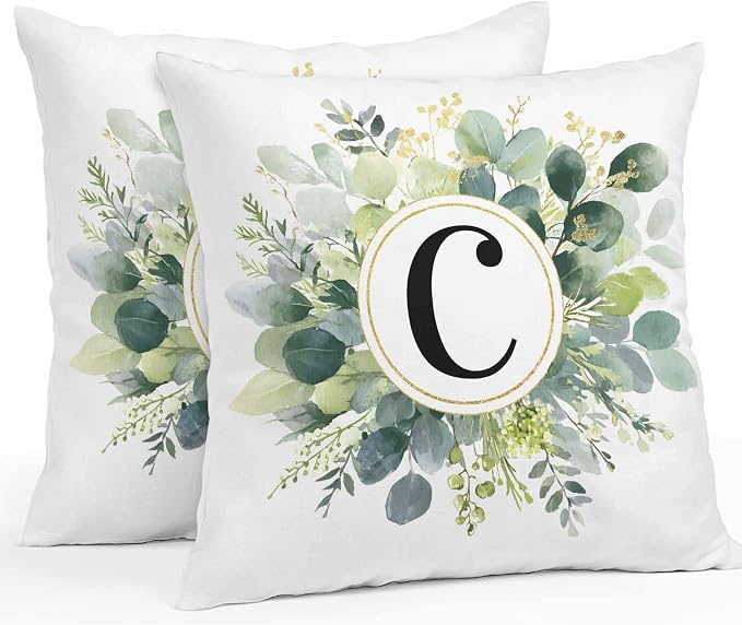 Letter C Waterproof Outdoor Pillow Covers Set of 2 Home Decor, Alphabet Green Eucalyptus Leaves Pillowcase Patio Pillow Covers for Couch Bench Patio Furniture Garden 26x26in