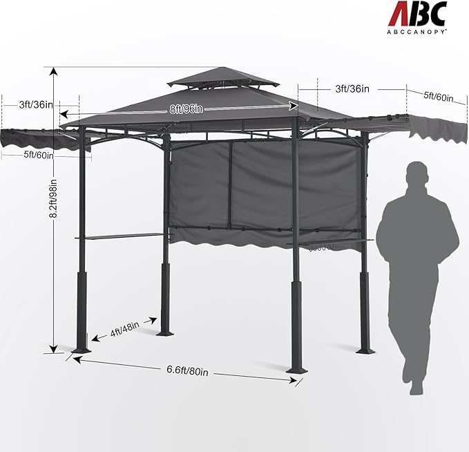 ABCCANOPY Grill Gazebo with Extra Awning on Three Sides - 5'x14' Outdoor Grill Canopy BBQ Gazebo Barbecue Canopy with LED Lights for Backyard, Lawn and Patio (Dark Gray)