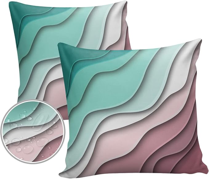 Ombre Abstract Geometry Gradient Turquoise and Pink Outdoor Waterproof Throw Pillow Covers 20 x 20 Inch Set of 2, Pillowcases Decorative Square Cushion Cases for Patio Furniture Couch Porch Garden